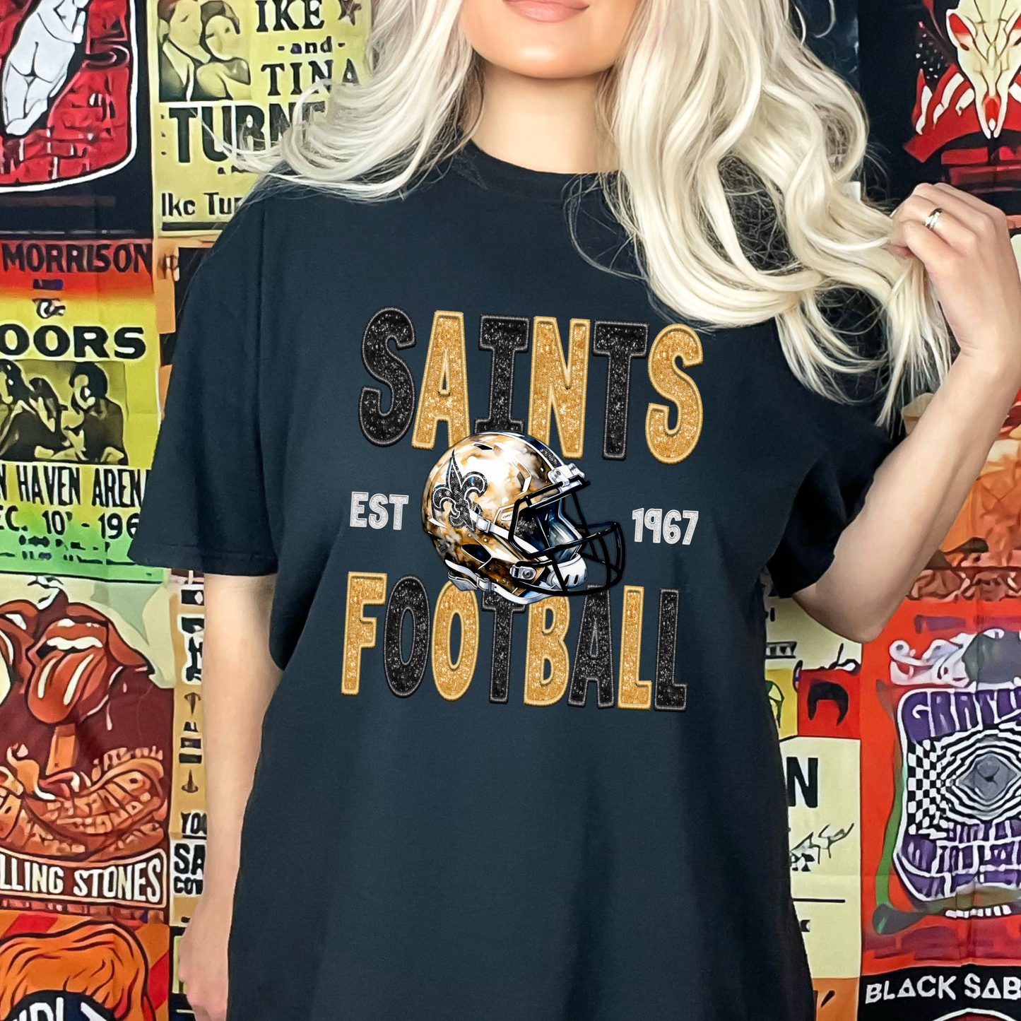 FAUX GLITTER PRINTED SAINTS FOOTBALL TEES