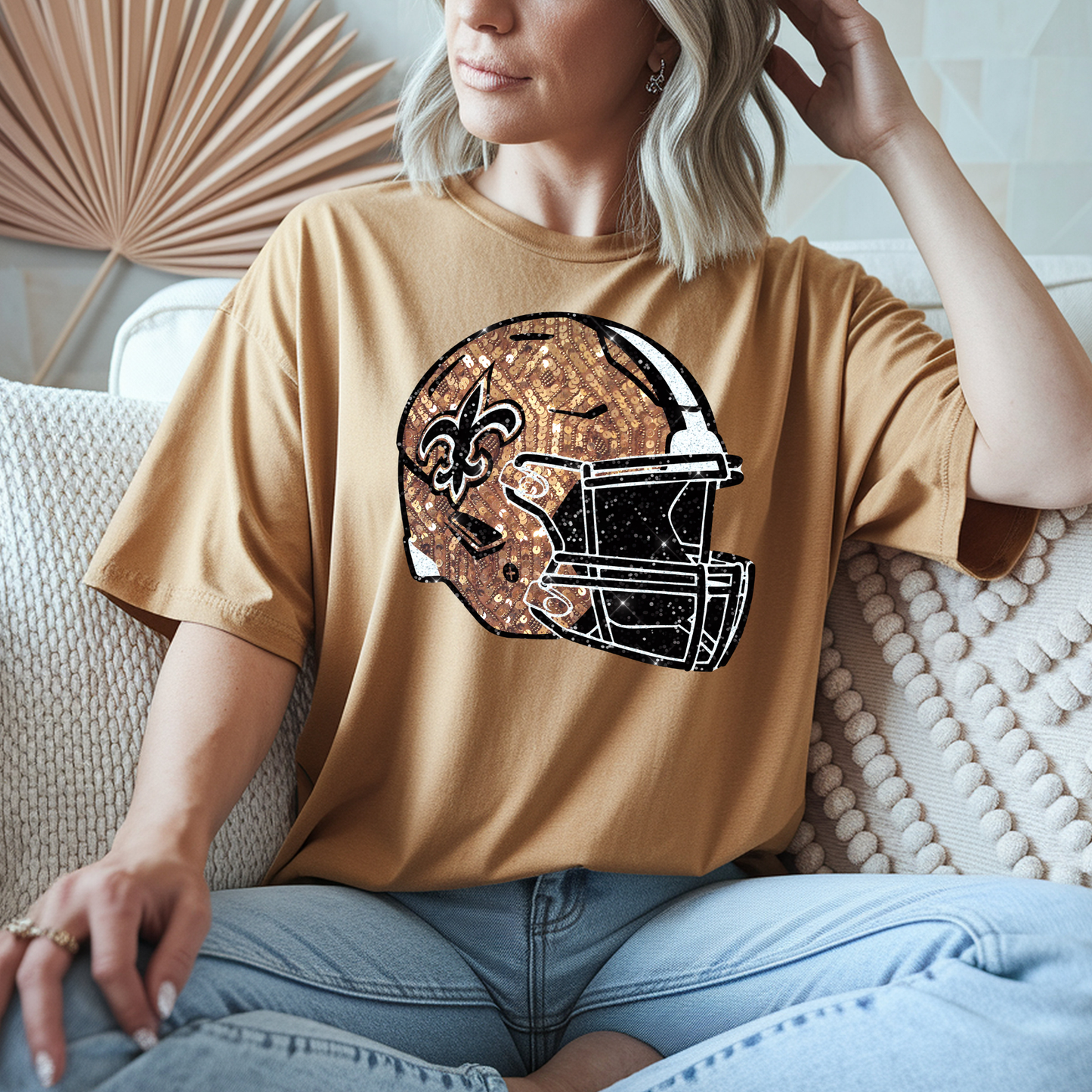 FAUX GLITTER PRINTED SAINTS FOOTBALL HELMET TEES