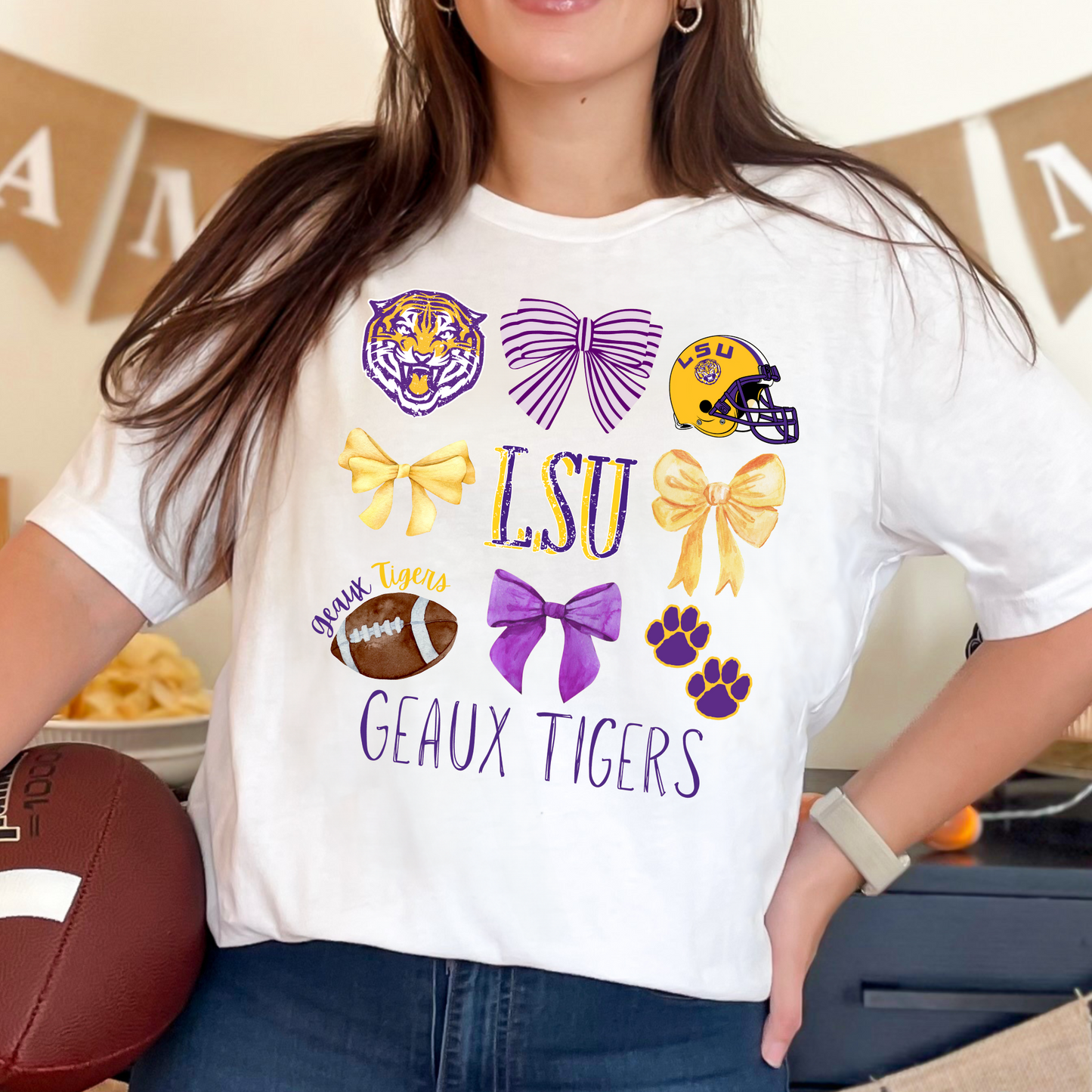 DISTRESSED GEAUX TIGERS COQUETTE BOW TEES