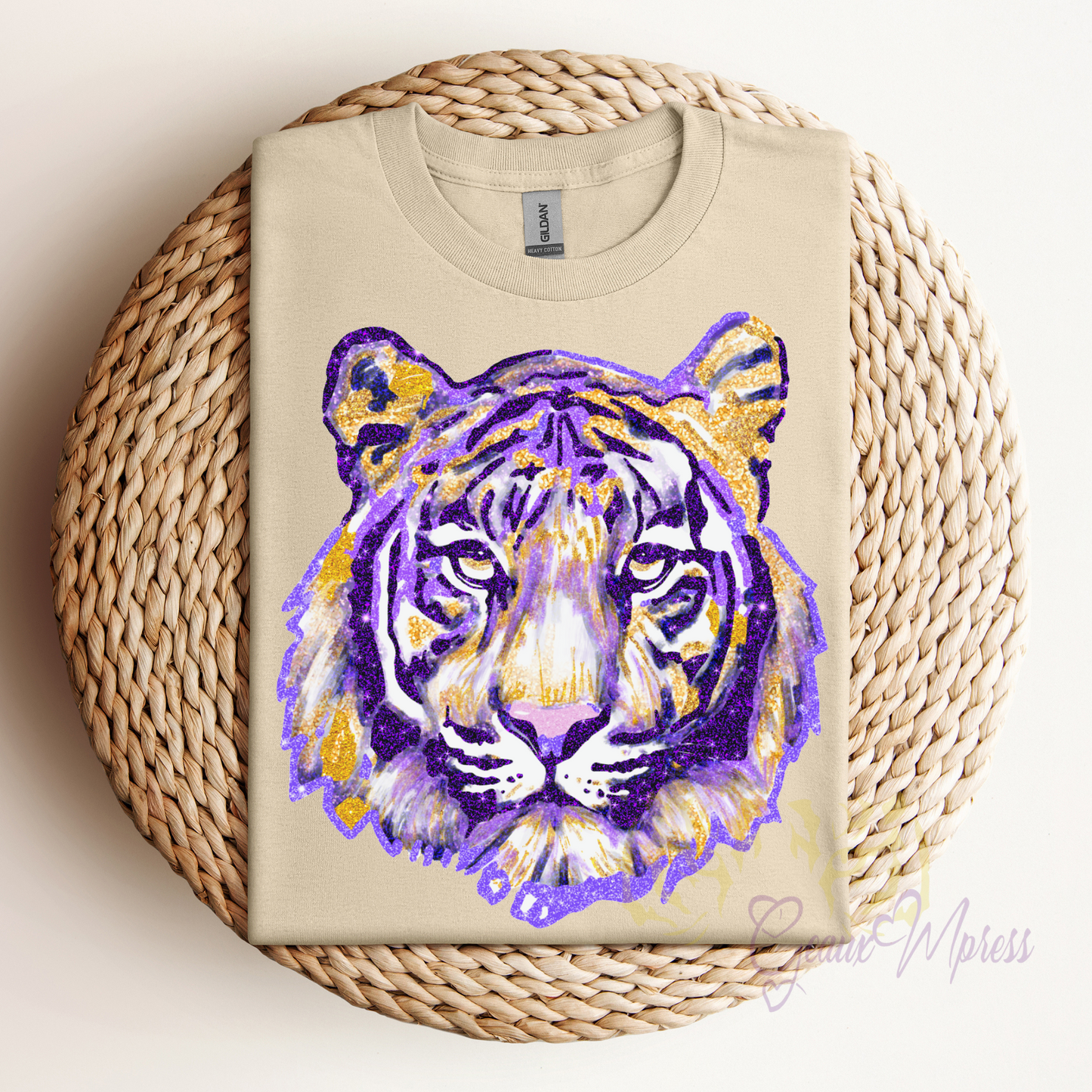 FAUX GLITTER PURPLE AND GOLD SPARKLY WATERCOLOR TIGER