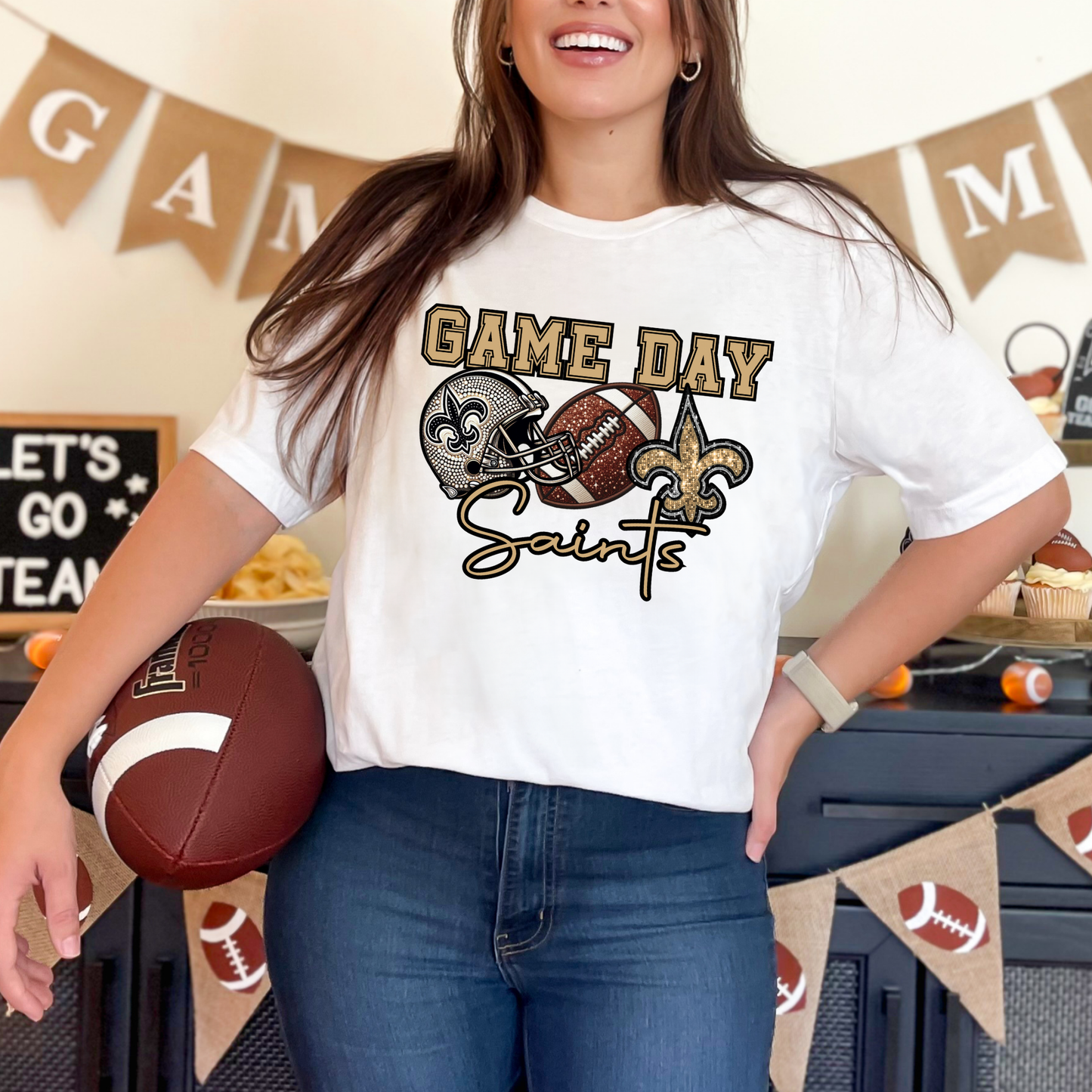 FAUX GLITTER AND RHINESTONE PRINTED SAINTS GAME DAY TEE