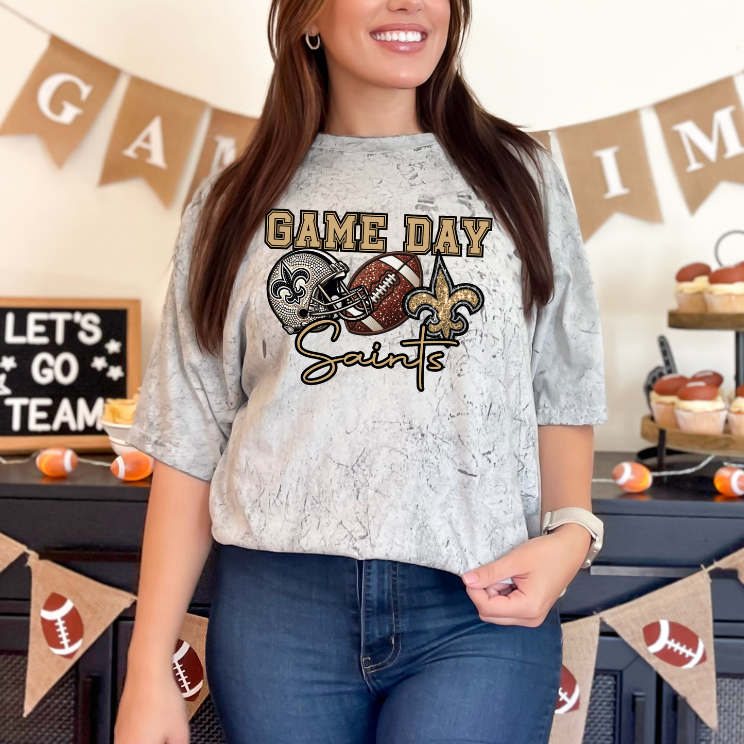 FAUX GLITTER AND RHINESTONE PRINTED SAINTS GAME DAY TEE