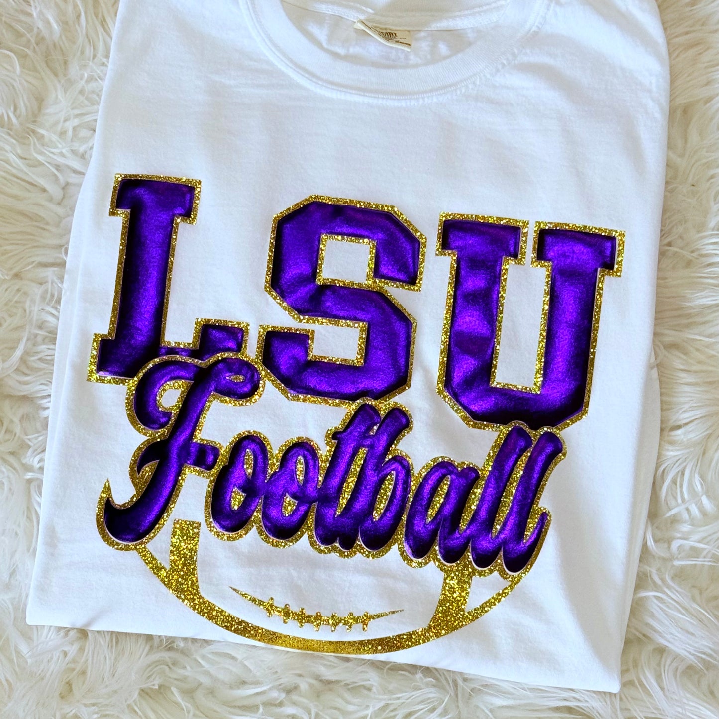 PURPLE PUFF AND GOLD GLITTER FOOTBALL TEE & SWEATSHIRT