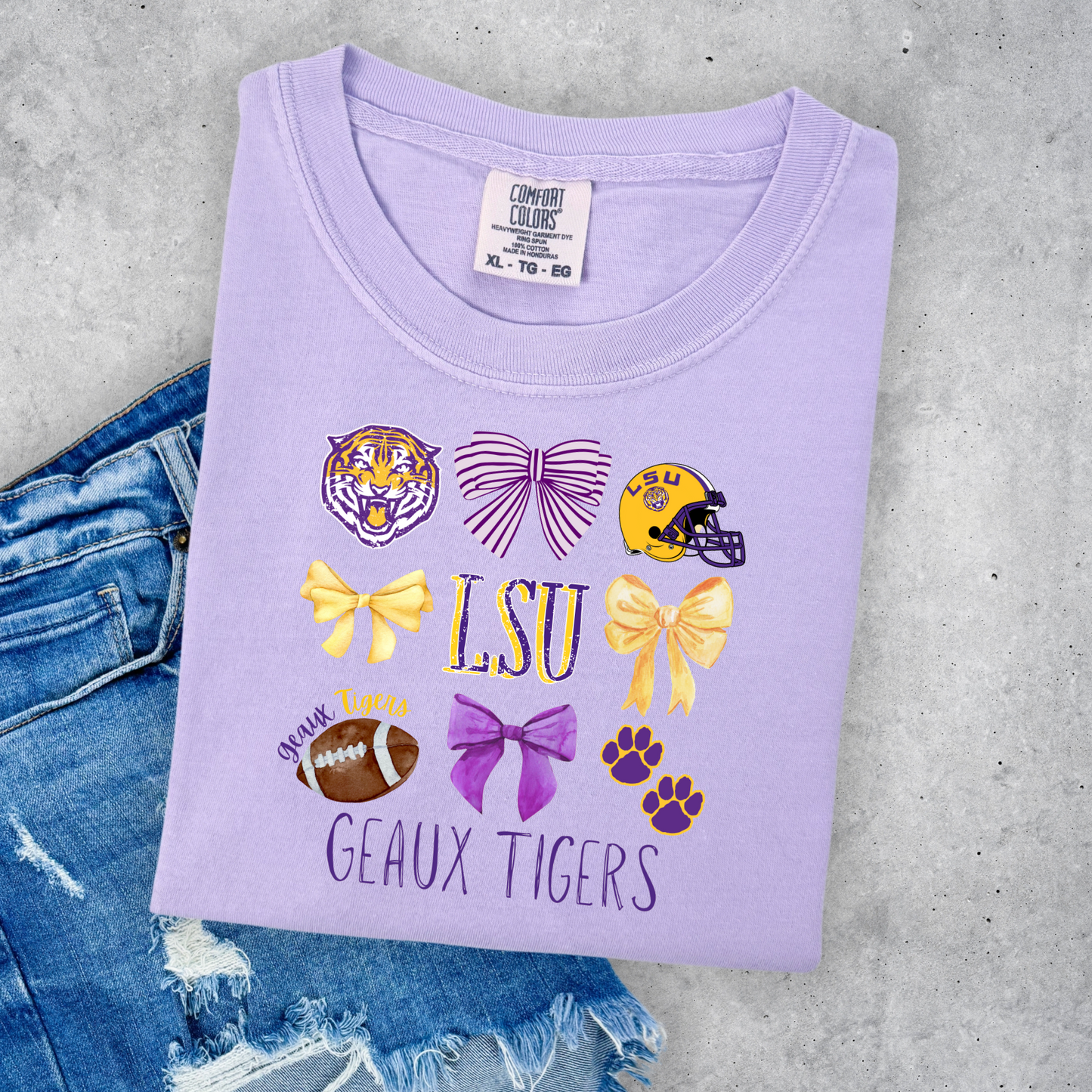 DISTRESSED GEAUX TIGERS COQUETTE BOW TEES