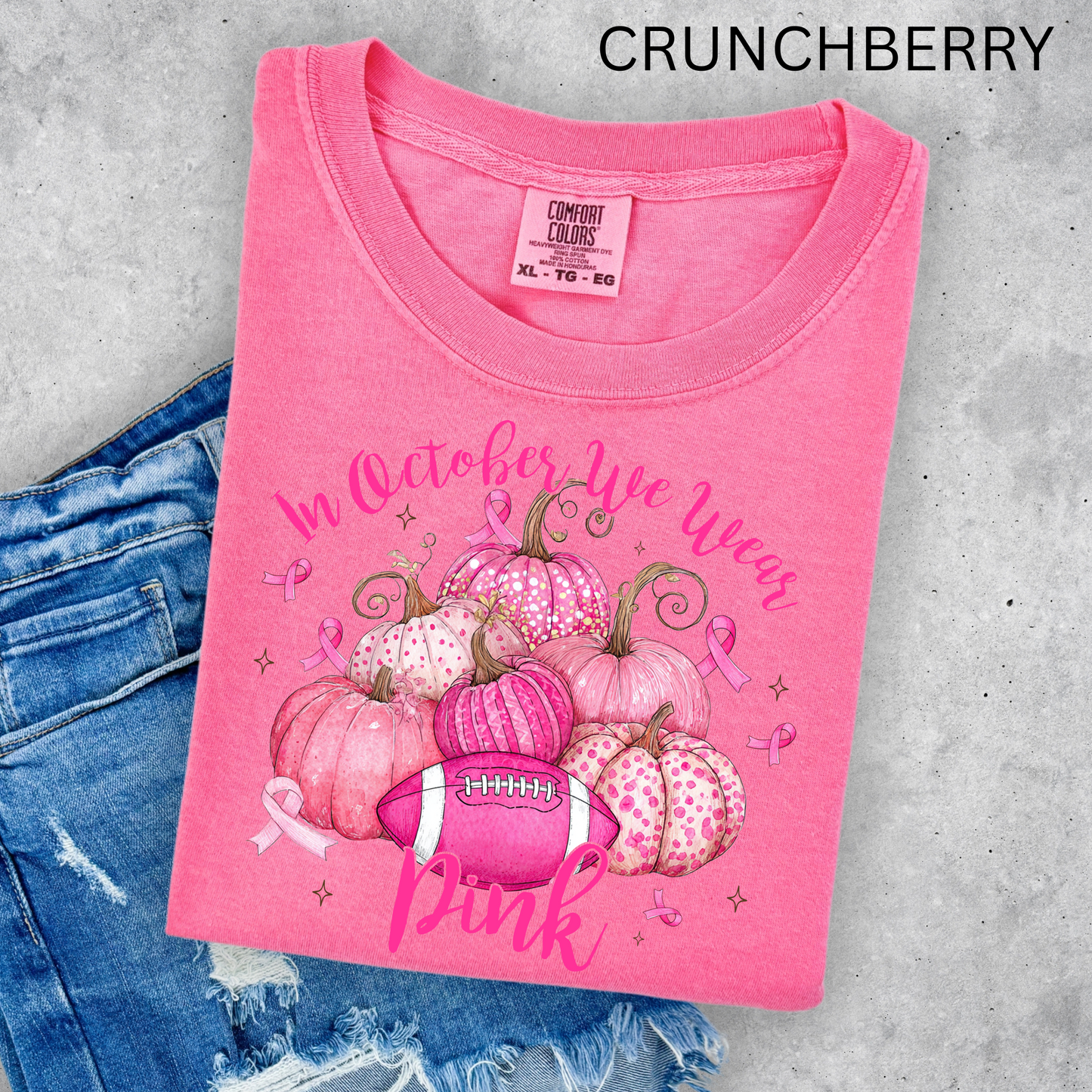 IN OCTOBER WE WEAR PINK PUMPKINS WITH FOOTBALL COMFORT COLORS TEES