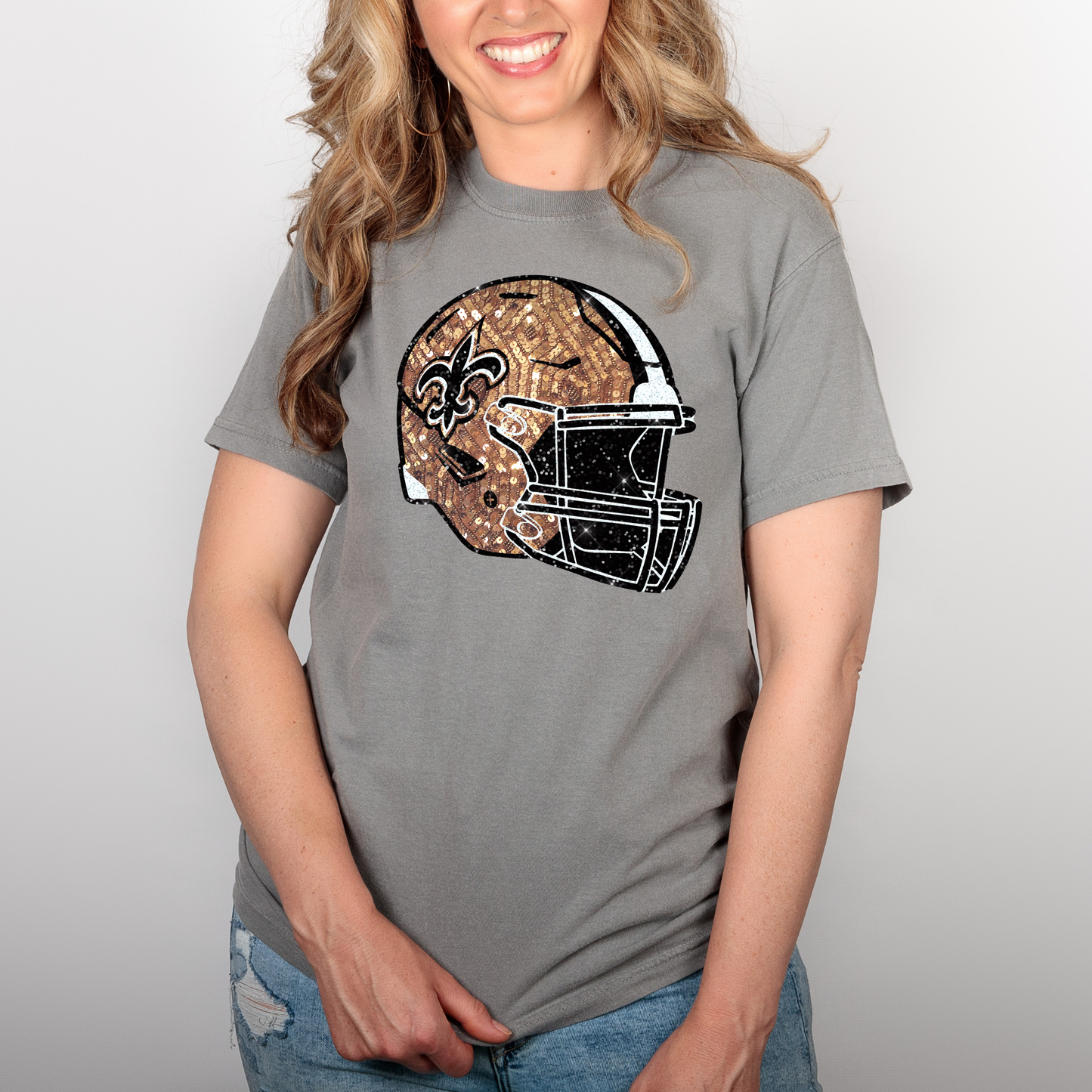 FAUX GLITTER PRINTED SAINTS FOOTBALL HELMET TEES