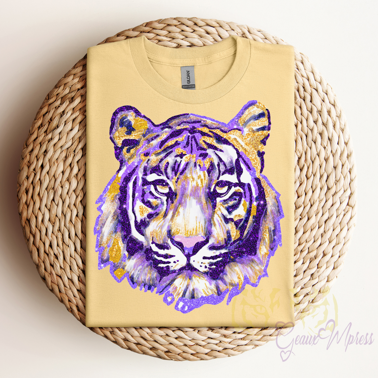 FAUX GLITTER PURPLE AND GOLD SPARKLY WATERCOLOR TIGER
