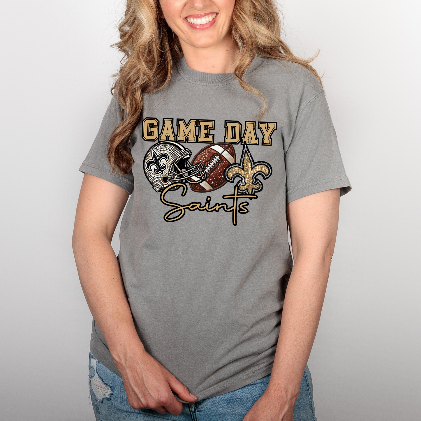 FAUX GLITTER AND RHINESTONE PRINTED SAINTS GAME DAY TEE