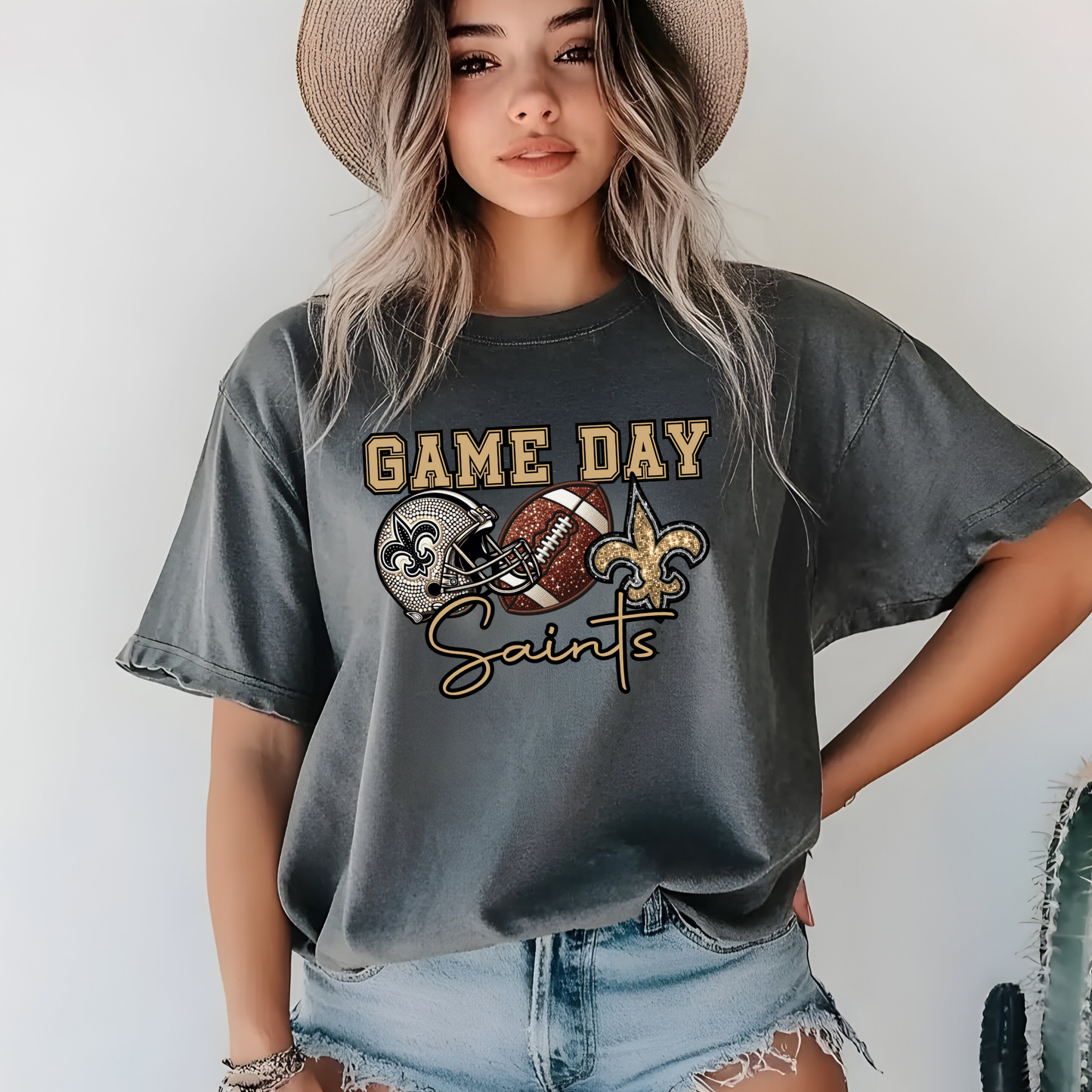 FAUX GLITTER AND RHINESTONE PRINTED SAINTS GAME DAY TEE