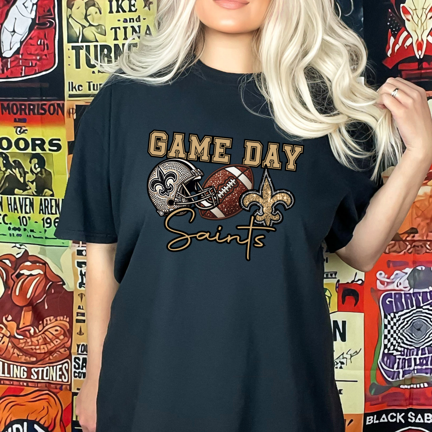 FAUX GLITTER AND RHINESTONE PRINTED SAINTS GAME DAY TEE