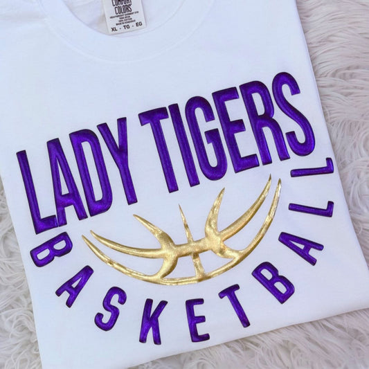 LADY TIGERS BASKETBALL METALLIC PUFF TEES, LONG SLEEVE TEES & SWEATSHIRTS (ADULT & YOUTH)