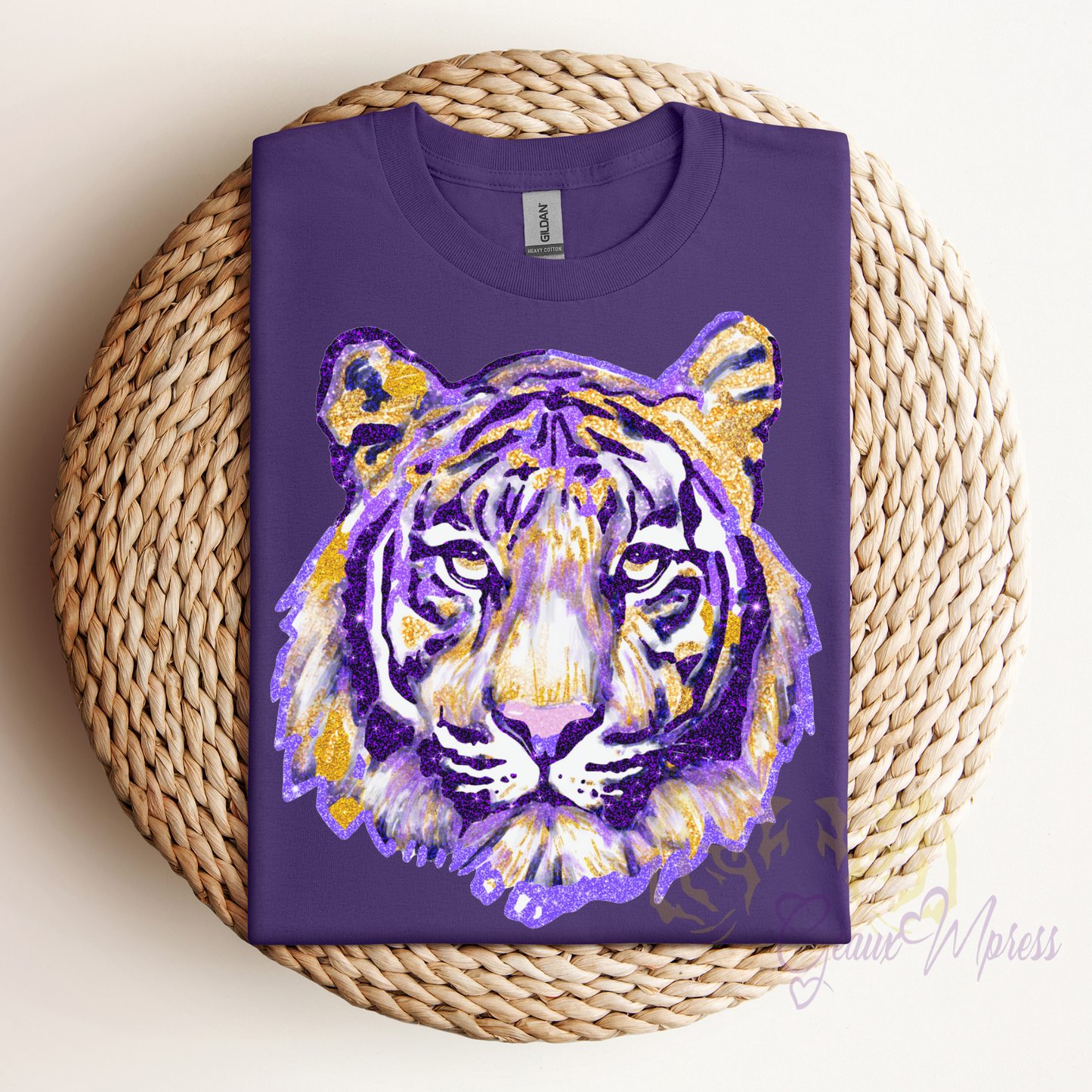 FAUX GLITTER PURPLE AND GOLD SPARKLY WATERCOLOR TIGER