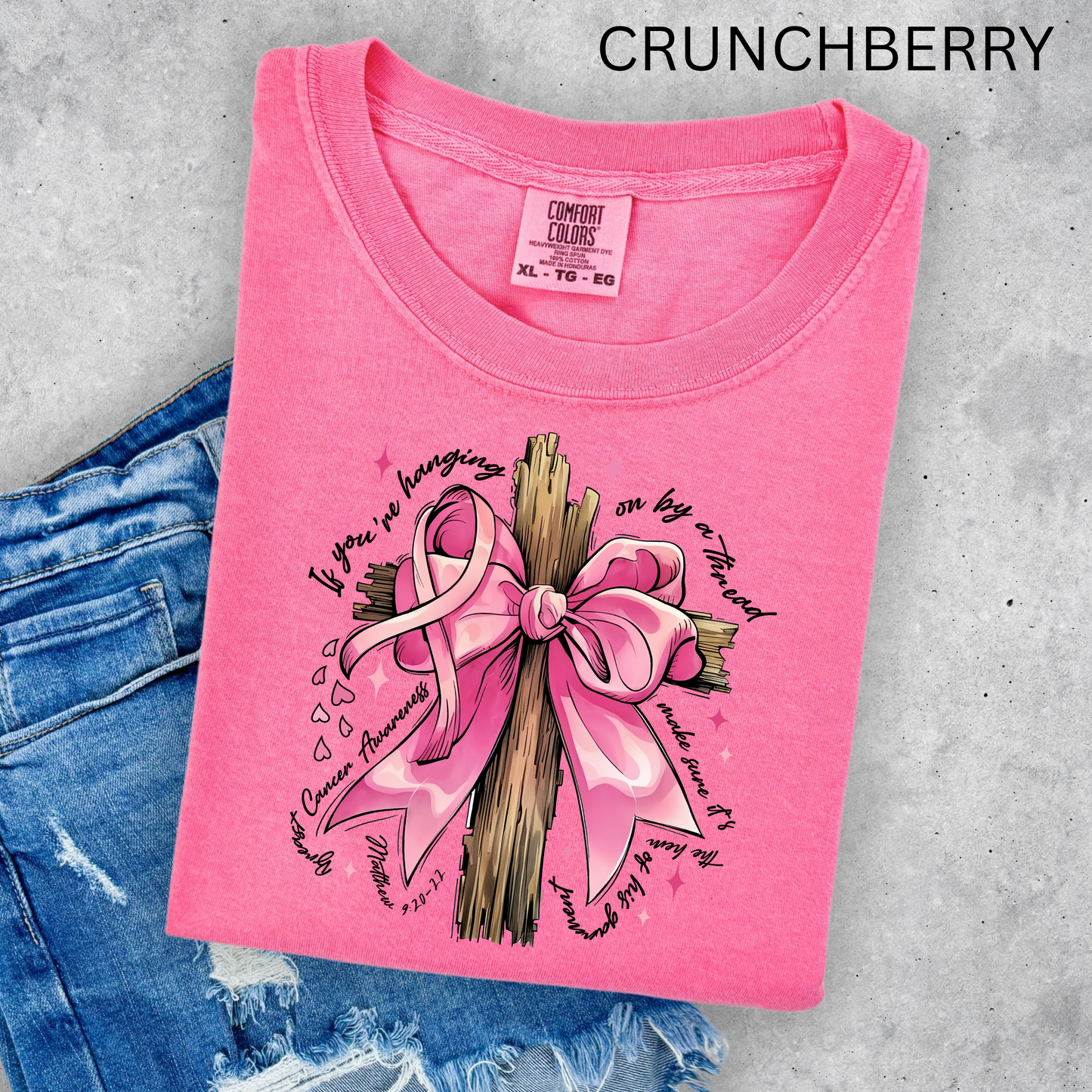 MATTHEW 9:20-22 BREAST CANCER AWARENESS COMFORT COLORS TEES