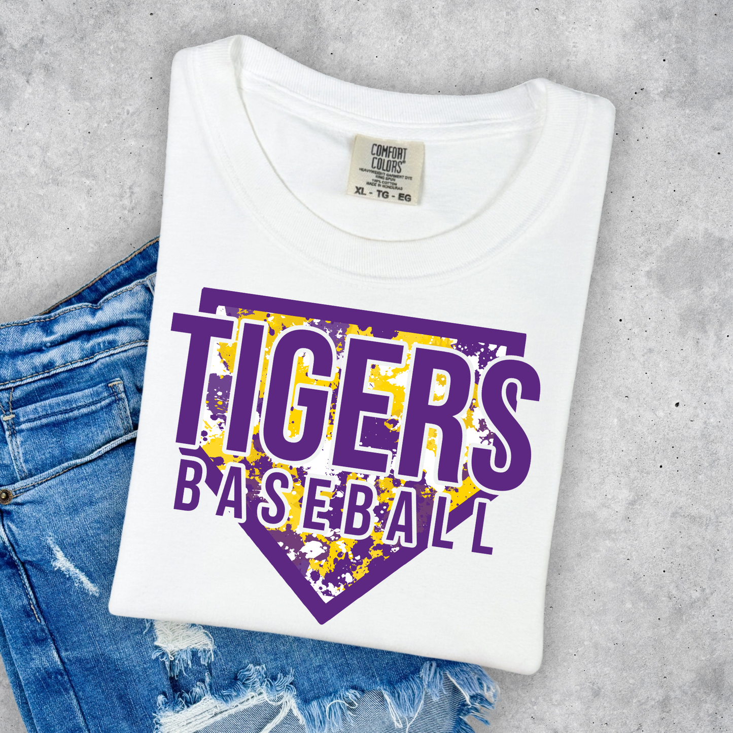 TIGERS BASEBALL HOME PLATE COMFORT COLORS TEE- ADULT AND YOUTH