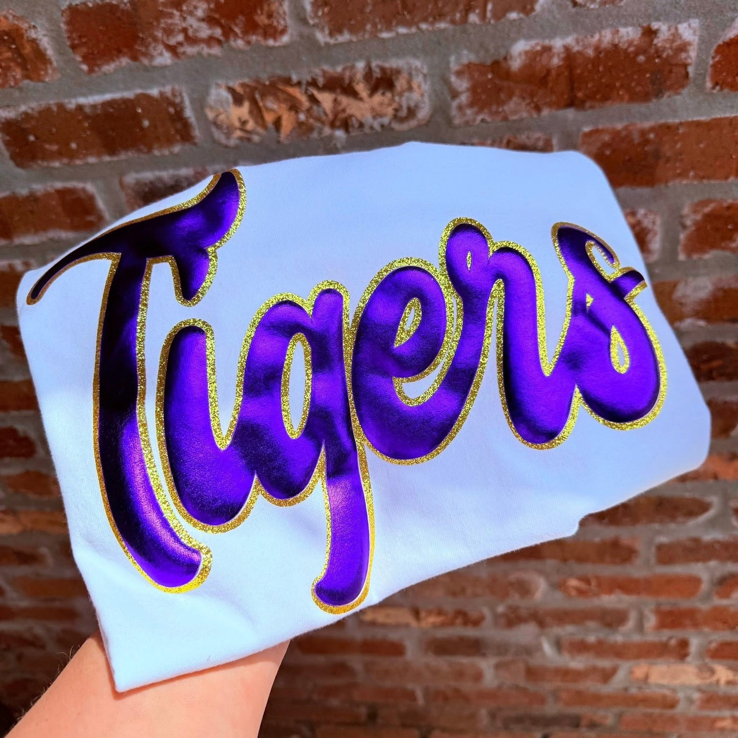 PURPLE PUFF AND GOLD GLITTER TIGERS TEE & SWEATSHIRT