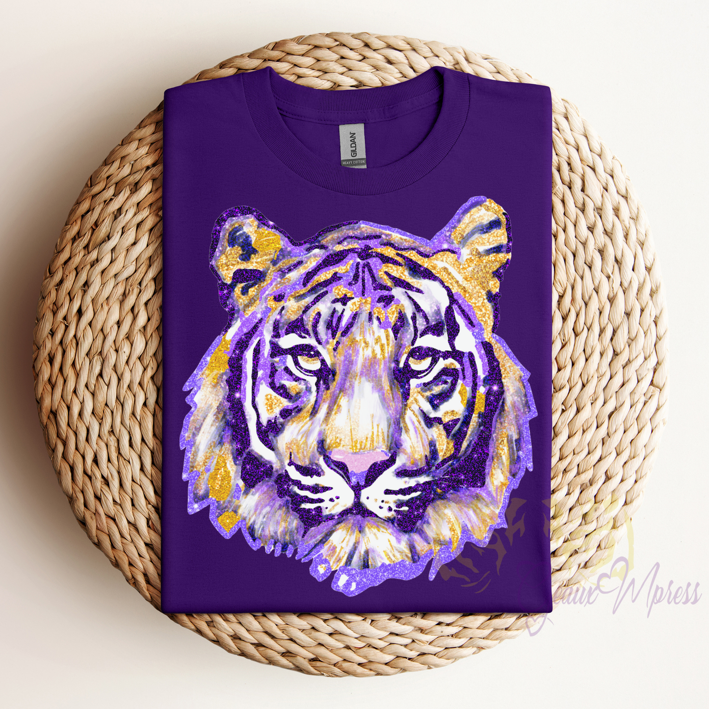 FAUX GLITTER PURPLE AND GOLD SPARKLY WATERCOLOR TIGER