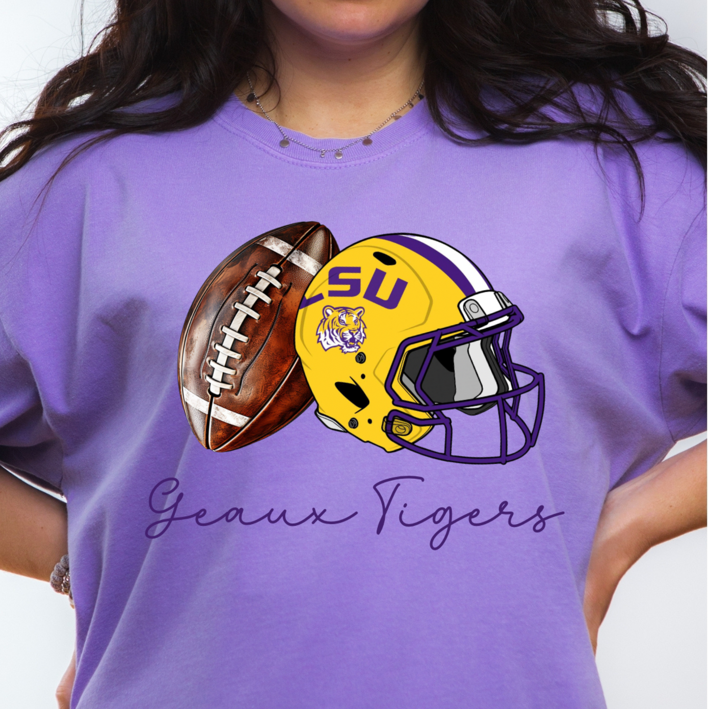 GEAUX TIGERS CURISVE FOOTBALL TEE