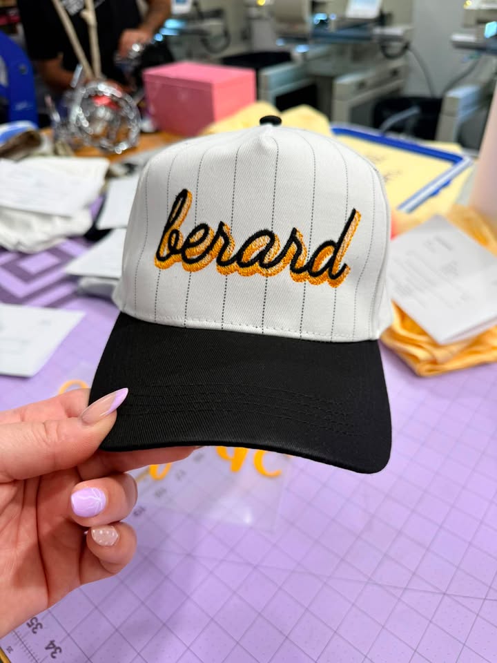 CURSIVE SHADOW FONT CUSTOM PIN STRIPE BASEBALL CAP