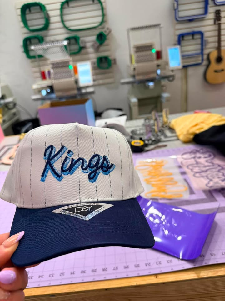 CURSIVE SHADOW FONT CUSTOM PIN STRIPE BASEBALL CAP