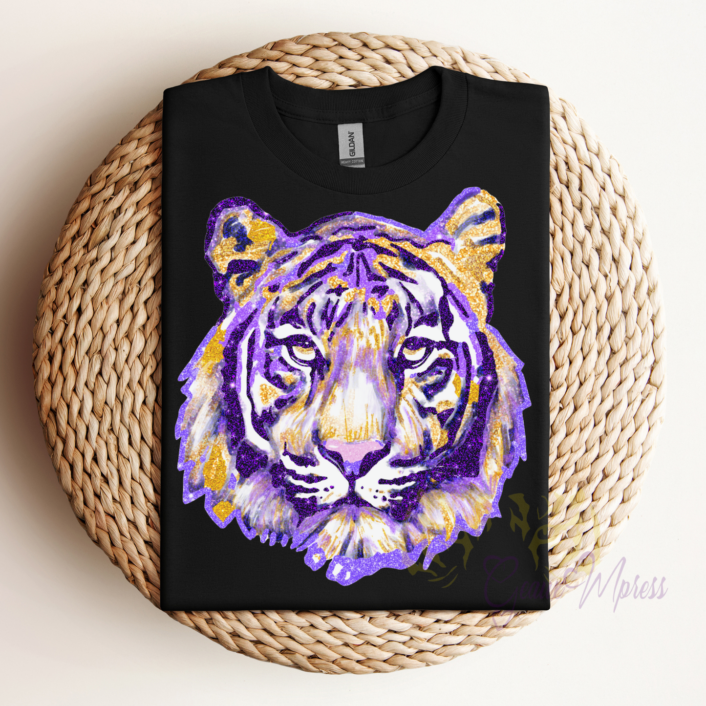 FAUX GLITTER PURPLE AND GOLD SPARKLY WATERCOLOR TIGER
