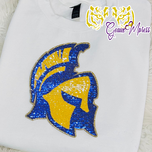 SPARTAN HEAD SEQUIN PATCH TEE AND SWEATSHIRT