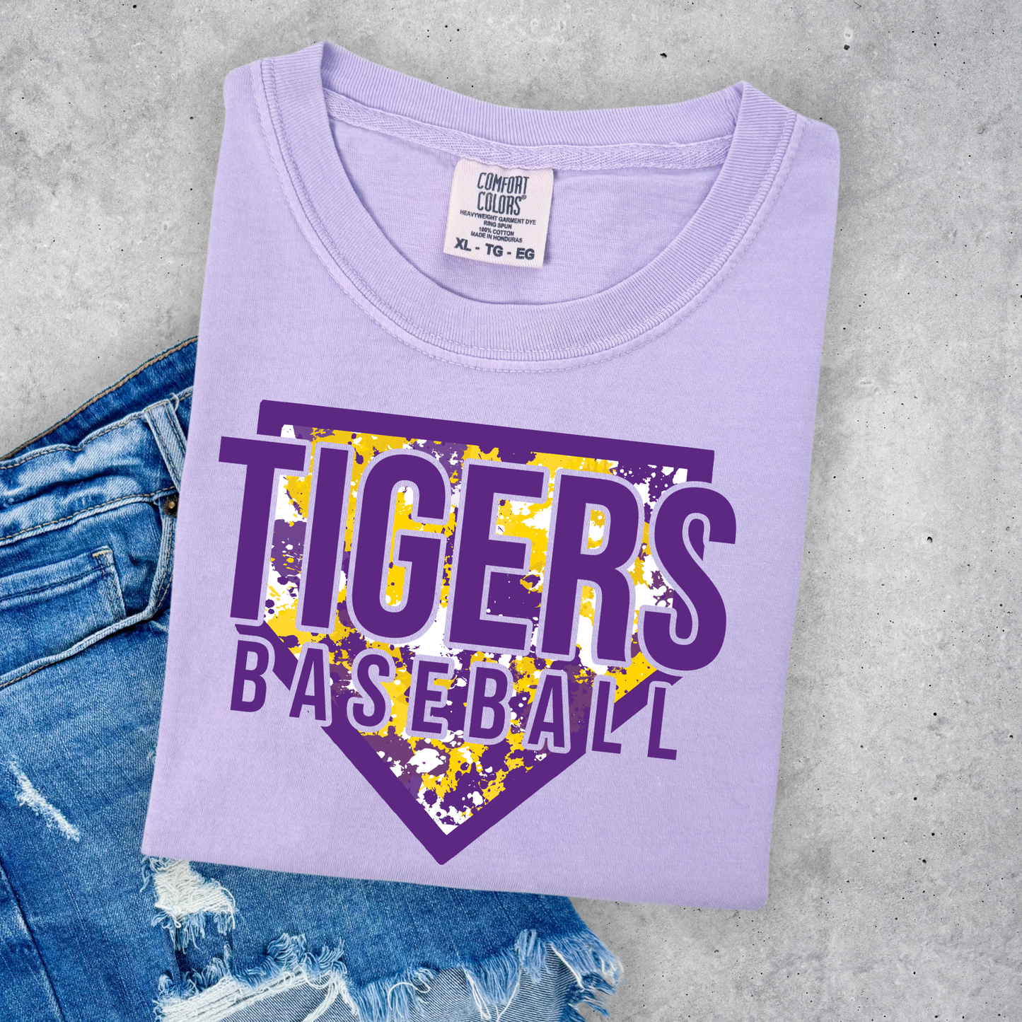 TIGERS BASEBALL HOME PLATE COMFORT COLORS TEE- ADULT AND YOUTH