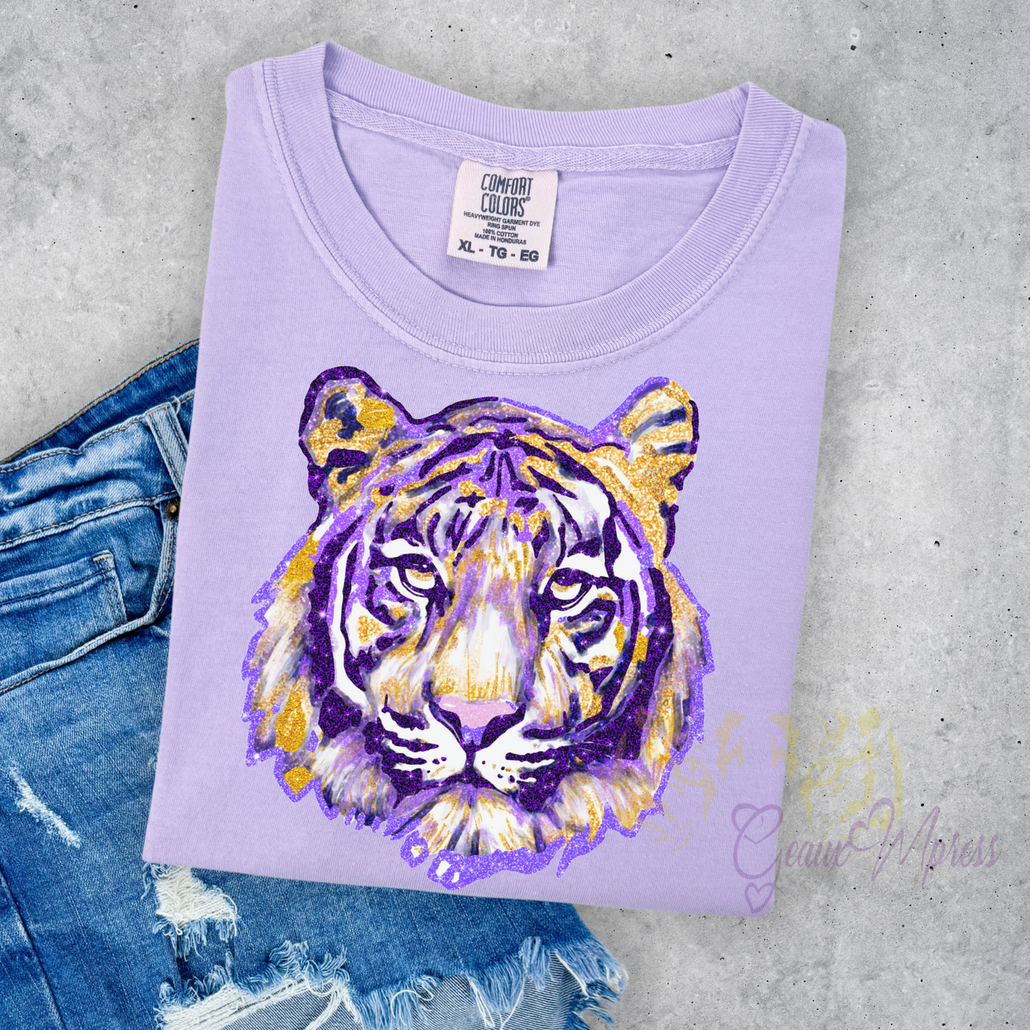 FAUX GLITTER PURPLE AND GOLD SPARKLY WATERCOLOR TIGER