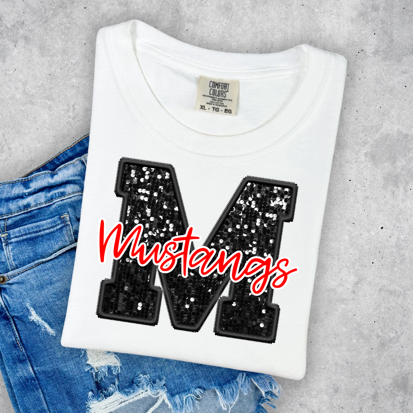 FAUX GLITTER MUSTANGS PRINTED TEES & SWEATSHIRTS
