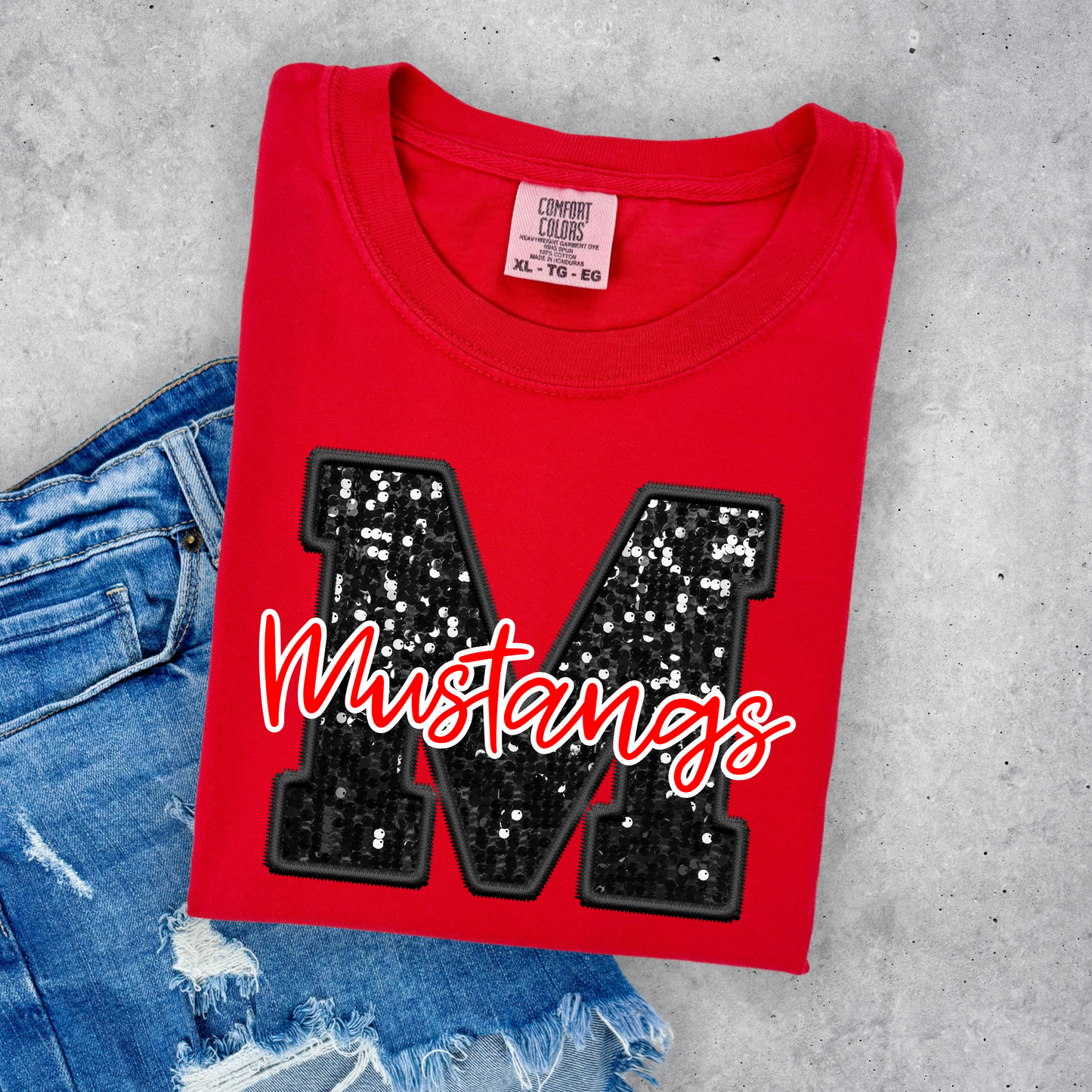 FAUX GLITTER MUSTANGS PRINTED TEES & SWEATSHIRTS