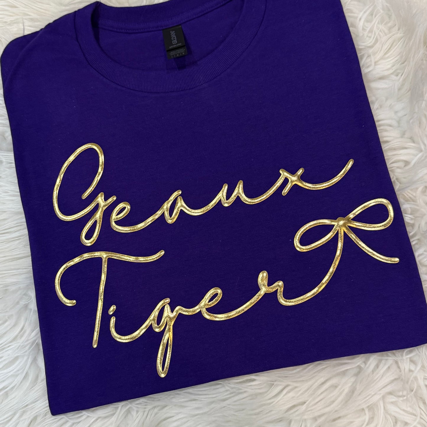 DAINTY GEAUX TIGERS GOLD PUFF TEES AND SWEATSHIRTS