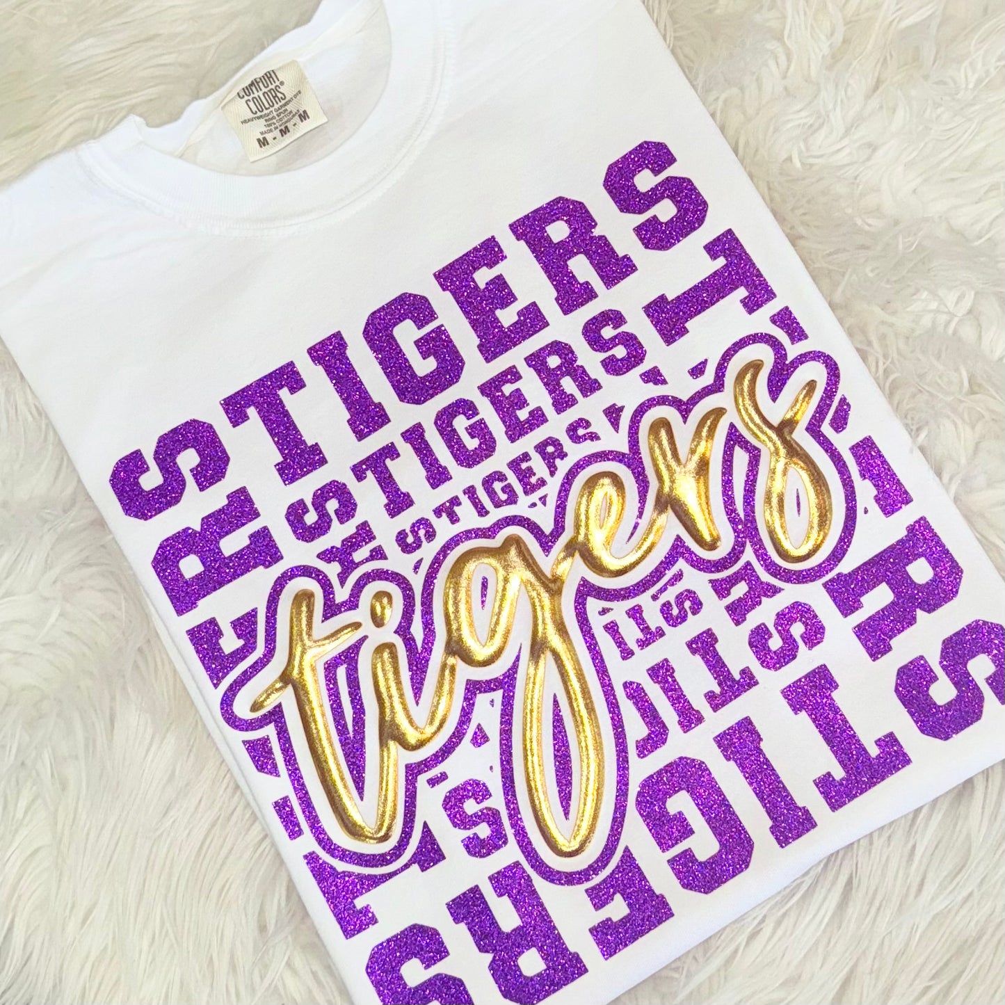 TIGERS PURPLE GLITTER A METALLIC GOLD PUFF-Tees & Sweatshirts