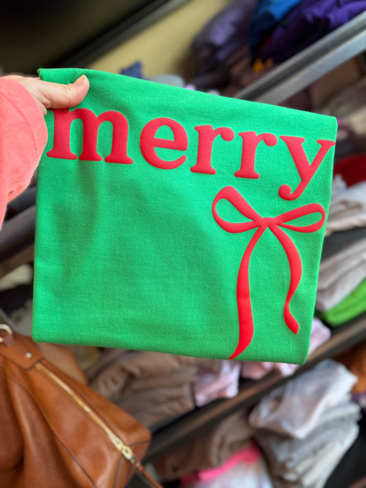 CUTE PUFF MERRY TEES & SWEATSHIRTS ON KELLY GREEN