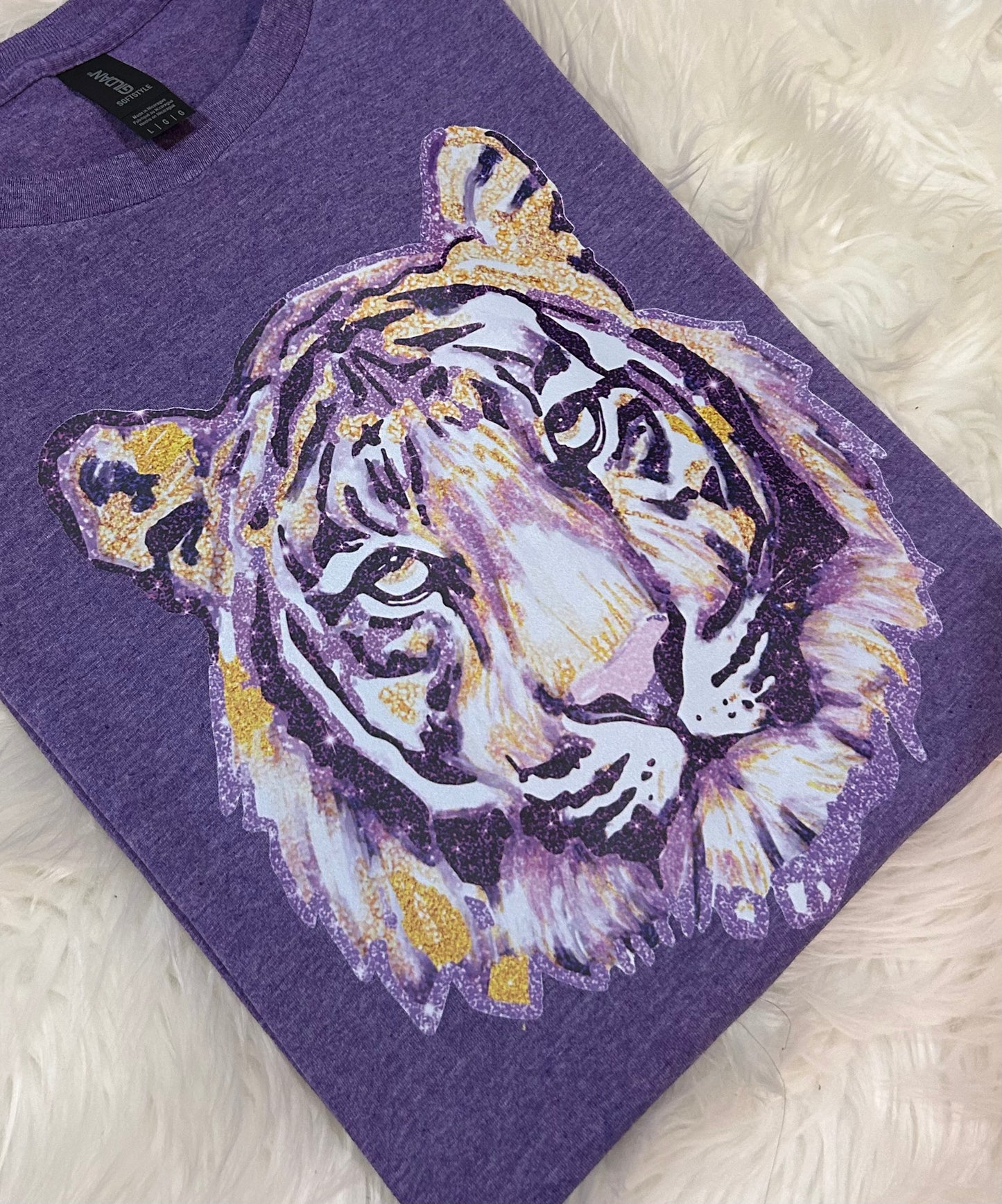 FAUX GLITTER PURPLE AND GOLD SPARKLY WATERCOLOR TIGER