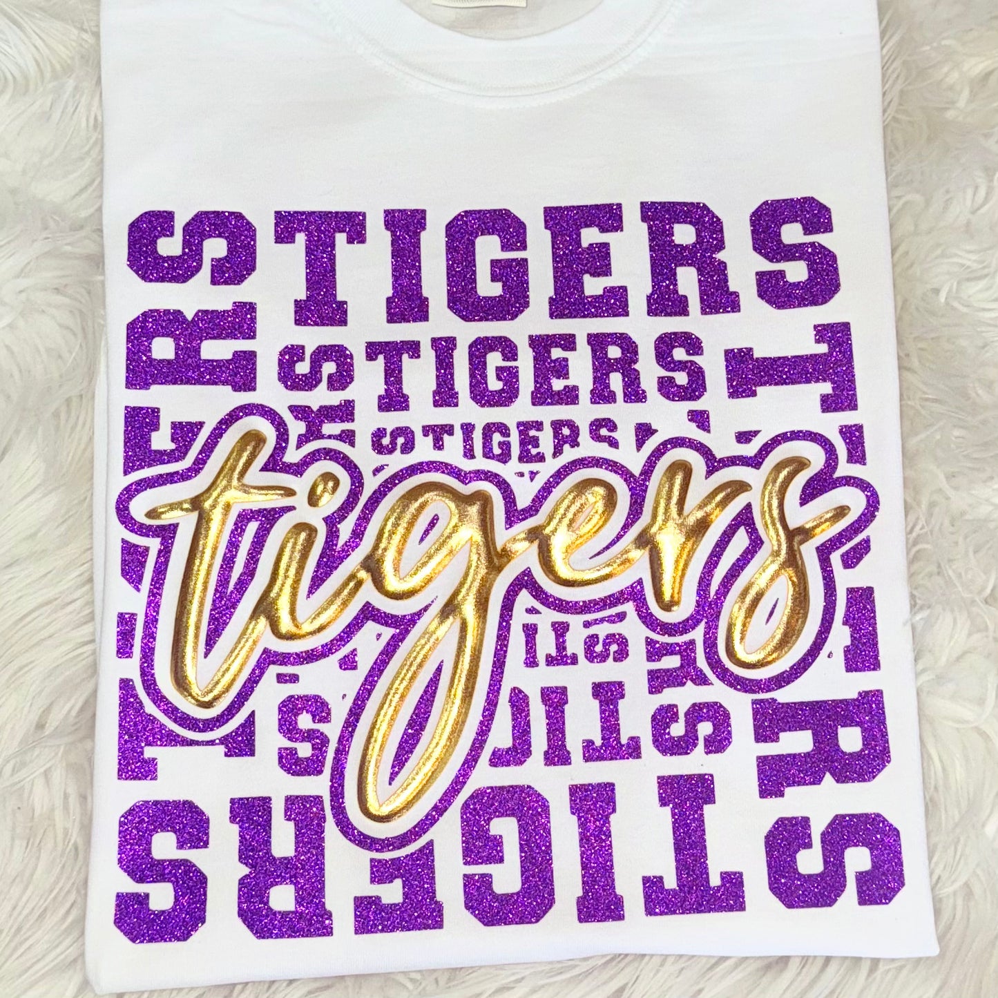 TIGERS PURPLE GLITTER A METALLIC GOLD PUFF-Tees & Sweatshirts