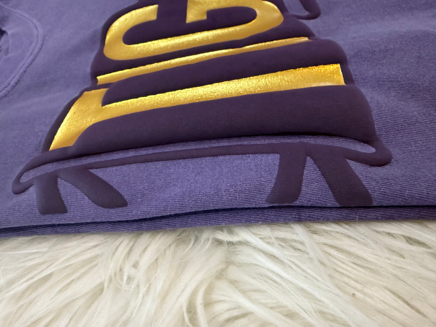 METALLIC GOLD AND PURPLE PUFF TIGERS PENNANT FLAG COMFORT COLORS TEE
