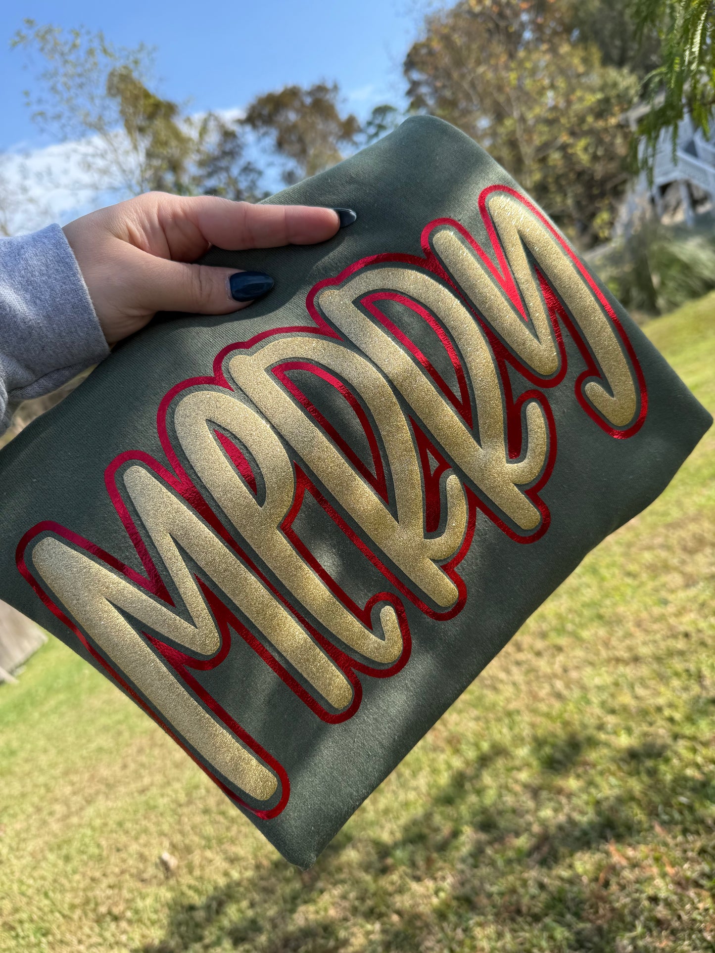 METALLIC RED AND GOLD GLITTER PUFF MERRY SHORT SLEEVE TEES, LONG SLEEVE & SWEATSHIRTS