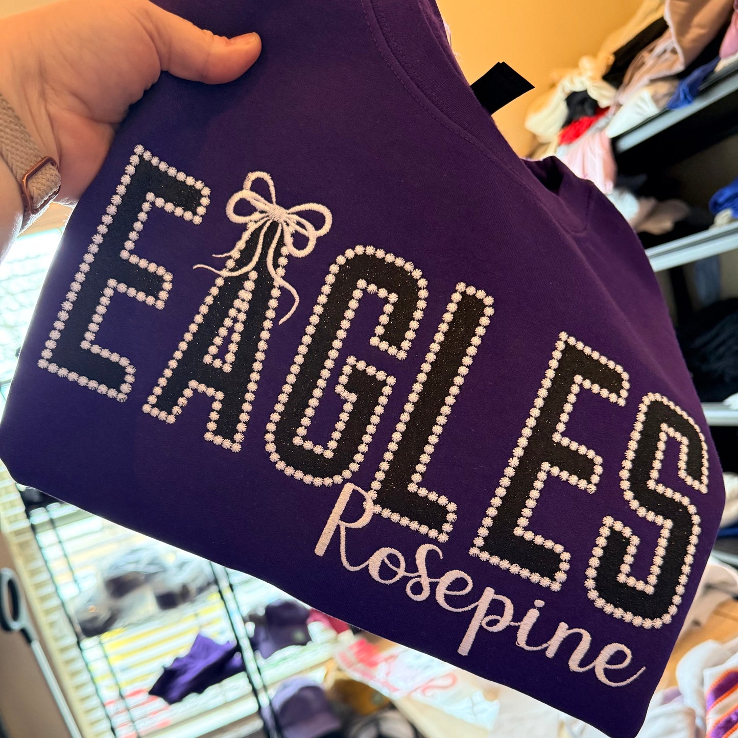BLACK GLITTER APPLIQUE EAGLES ON PURPLE