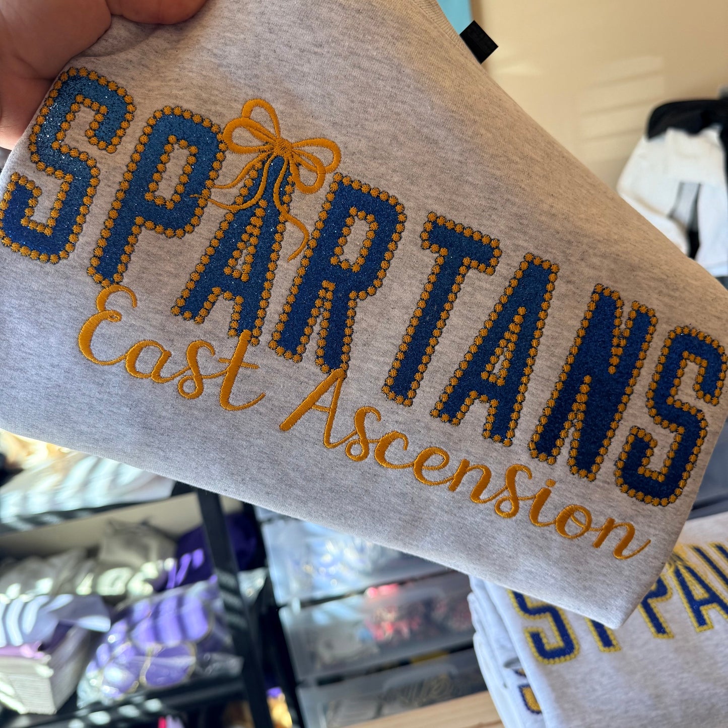 ROYAL GLITTER APPLIQUE YELLOW STITCH SPARTANS ON ASH GREY