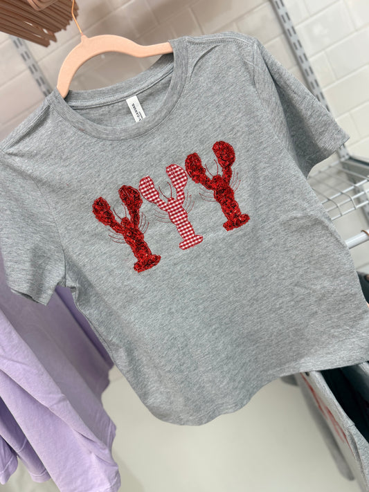 SEQUIN EMBROIDERED APPLIQUE CRAWFISH LADIES MIDI TEES & UNISEX TEES