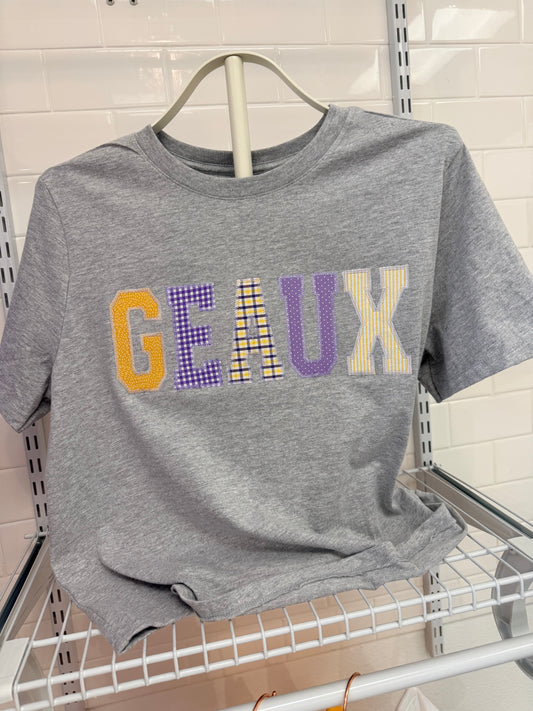 EMBROIDERED FABRIC APPLIQUE "GEAUX"  MIDI TEES, UNISEX TEES & SWEATSHIRTS