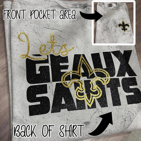 REAL GLITTER LET'S GEAUX SAINTS COMFORT COLORS TEE WITH POCKET LOGO