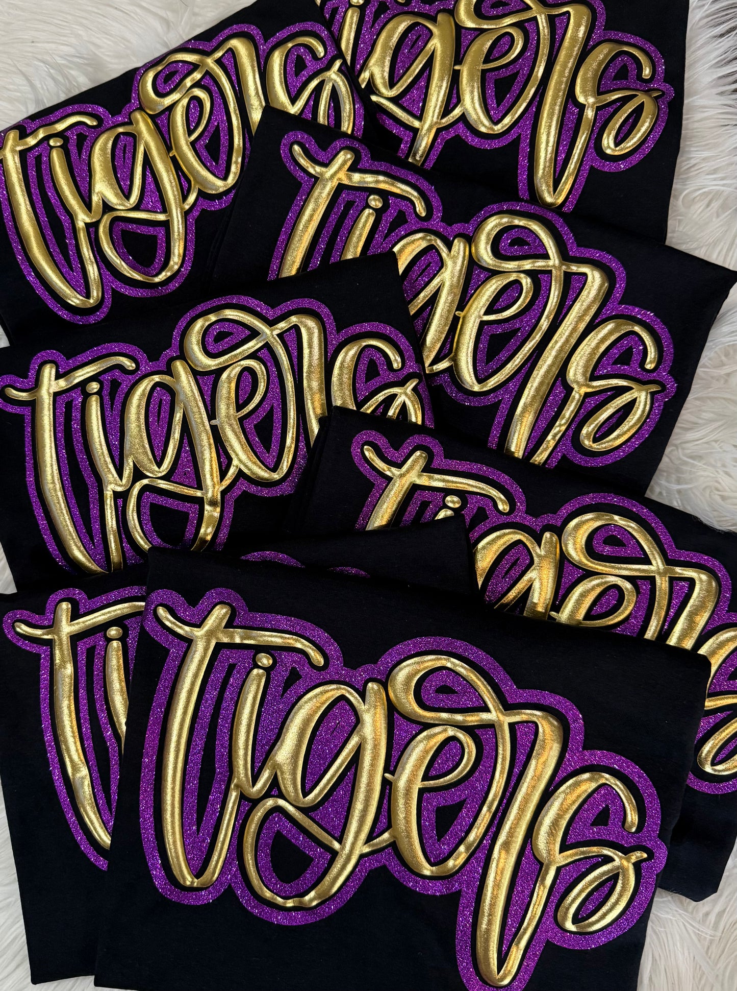 METALLIC GOLD PUFF TIGERS TEE & SWEATSHIRT