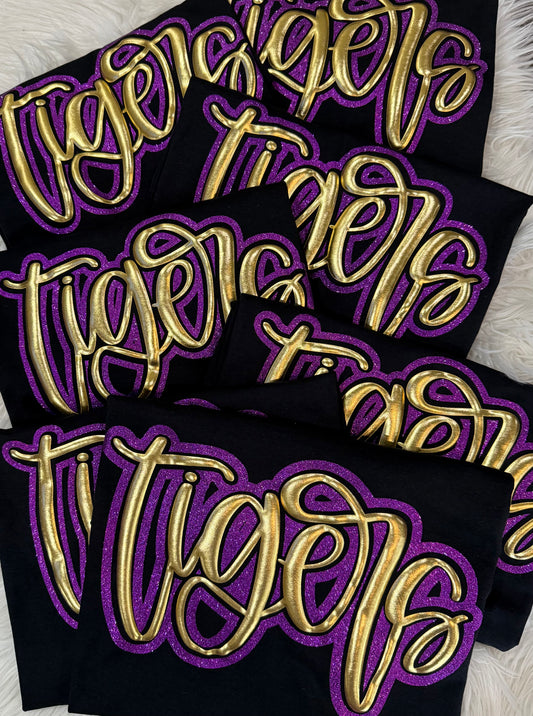 METALLIC GOLD PUFF TIGERS TEE & SWEATSHIRT