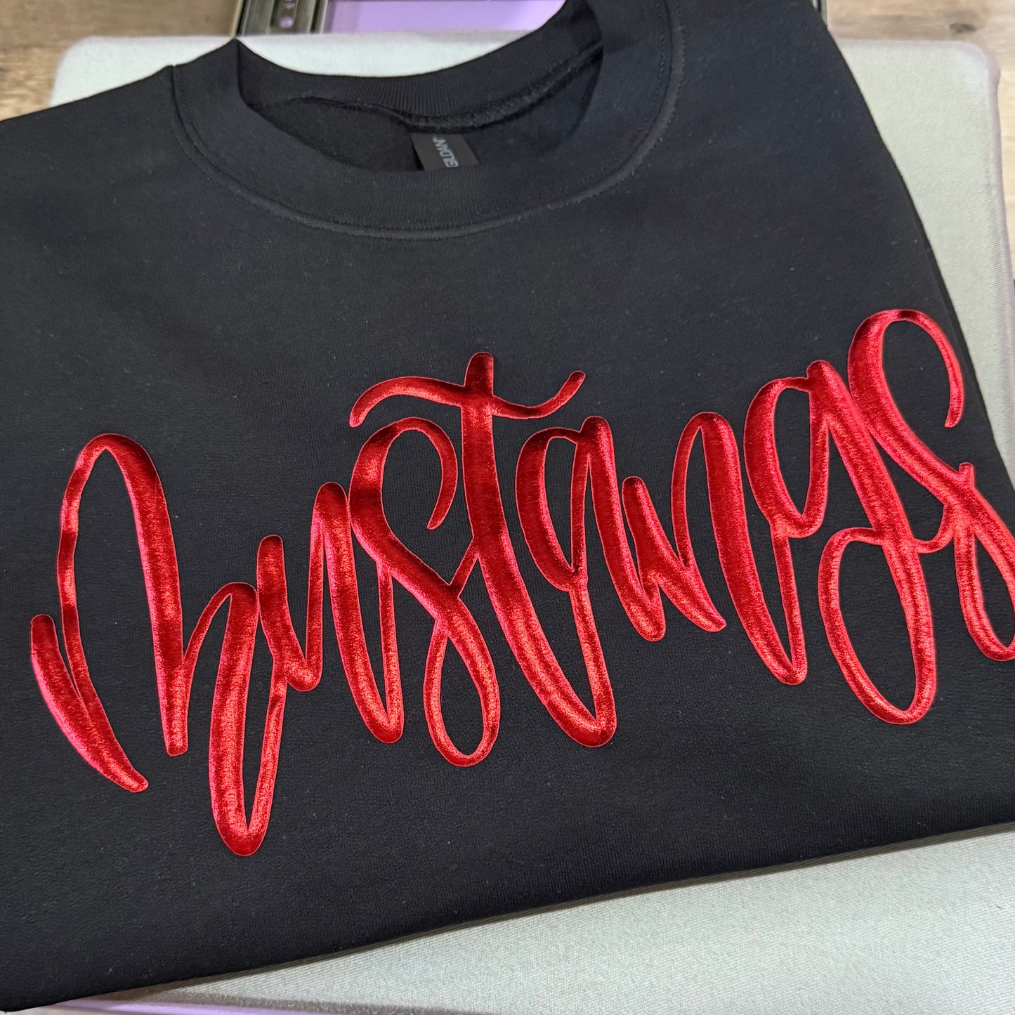 RED METALLIC PUFF MUSTANGS TEES & SWEATSHIRTS