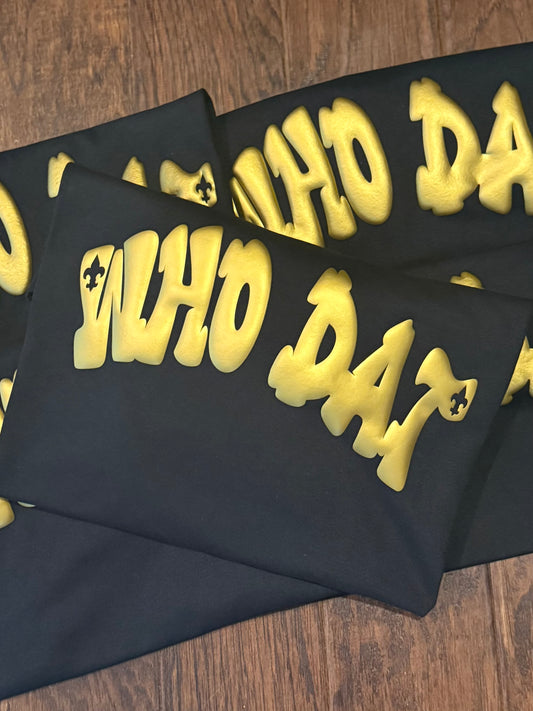 METALLIC PUFF ANTIQUE GOLD WHO DAT TEE & SWEATSHIRT