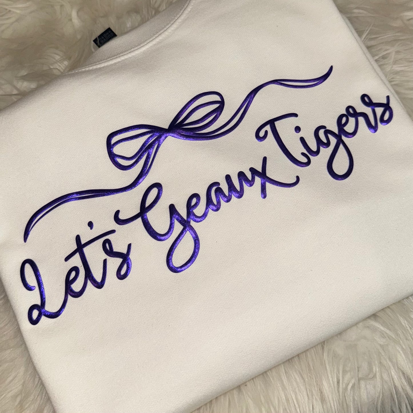 METALLIC PUFF LET.S GEAUX TIGERS TEE & SWEATSHIRT