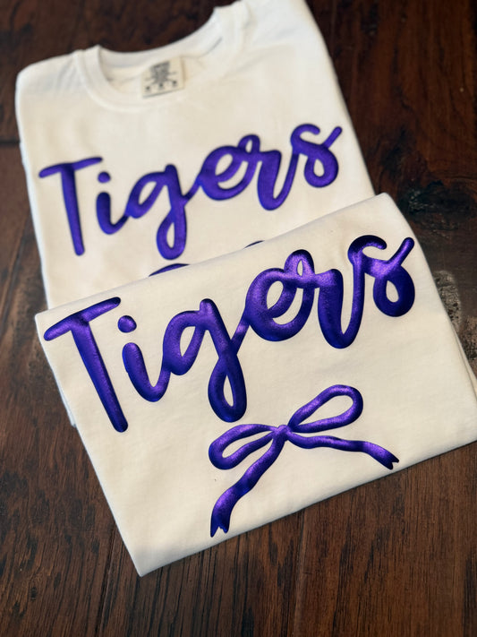 TIGERS WITH BOW METALLIC PUFF TEES & SWEATSHIRT