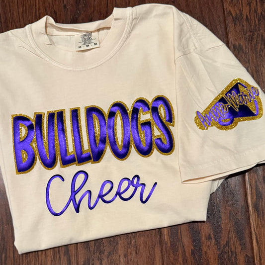 BULLDOGS CHEER GLITTER AND PUFF CUSTOM NAME TEE